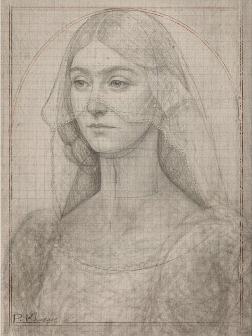 A pencil sketch portrait of a woman with a veil and lace detailing, signed "R. Vivanco" in the lower left, featuring visible construction lines and a faint red arch around the head. The drawing evokes a contemplative, classical mood that fits the post's theme of "The Moment Before 1/1 100 XTZ" on #tezostuseday, symbolizing anticipation just before reaching a milestone on the Tezos blockchain.