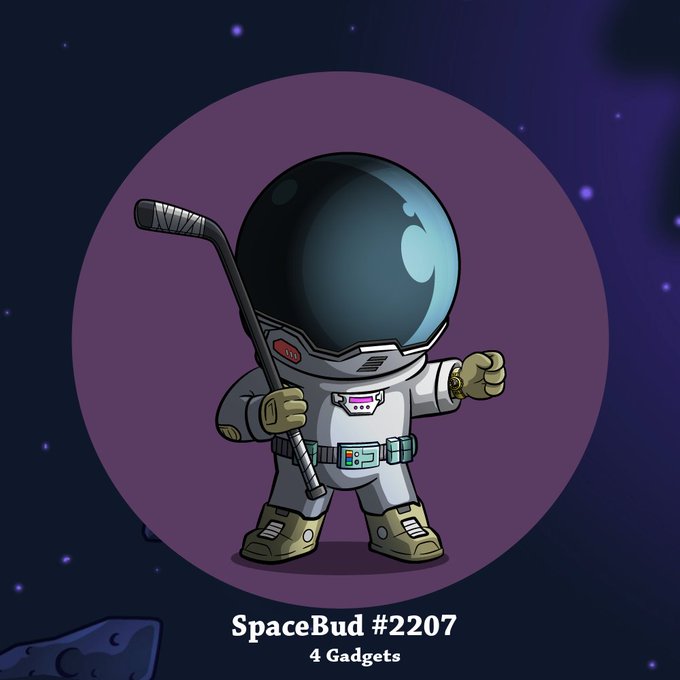 A cartoon astronaut character labeled 'SpaceBud #2207' with '4 Gadgets' standing against a purple circle on a starry background.