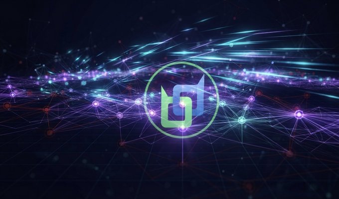 A digital graphic featuring a green and blue logo in a circle against a network of glowing purple and teal light streaks.