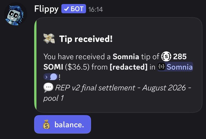 A Discord notification from Flippy showing a tip received of 285 SOMI ($36.5) with a message about 'REP v2 final settlement - August 2026 - pool 1'.