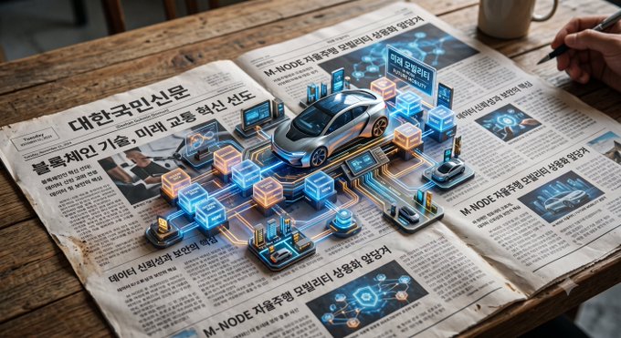 A Korean newspaper ('대한국민신문') spread on a wooden table, overlaid with a 3D graphic of a futuristic electric vehicle surrounded by glowing blue data nodes and circuits.