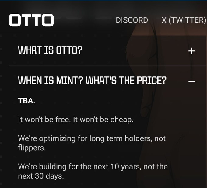 A dark FAQ webpage for 'OTTO' with Discord and X (Twitter) links, answering 'When is mint? What's the price?' with 'TBA' and noting it won't be free or cheap, optimized for long-term holders.