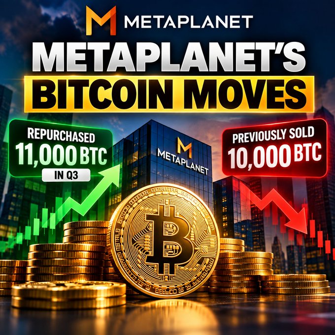 A promotional graphic for Metaplanet titled 'METAPLANET'S BITCOIN MOVES' showing a large gold Bitcoin coin, with green text 'REPURCHASED 11,000 BTC IN Q3' and red text 'PREVIOUSLY SOLD 10,000 BTC'.