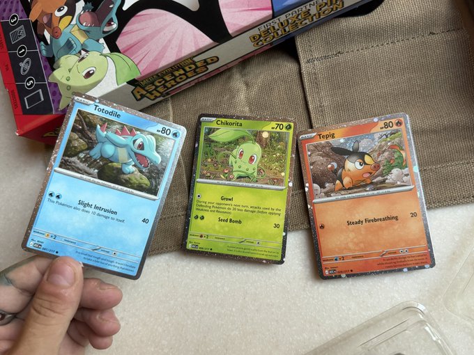 Three Pokémon trading cards—Totodile (80 HP), Chikorita (70 HP), and Tepig (80 HP)—are displayed in their holo Cosmos variants, showcasing the shimmering holographic effect that makes these elusive parallel cards highly sought after by collectors.