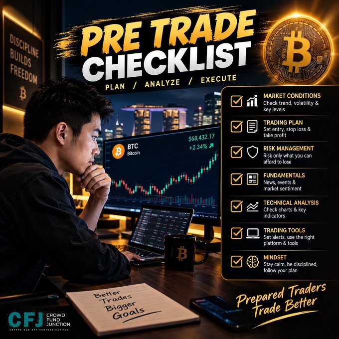 A pre-trade checklist promotional image showing a young man analyzing BTC charts on a monitor, with checklist items including market conditions, trading plan, risk management, fundamentals, technical analysis, trading tools, and mindset.