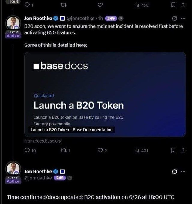 A tweet from Jon Roethke (@jonroethke) about B20 mainnet activation, linking to Base documentation on launching a B20 token.