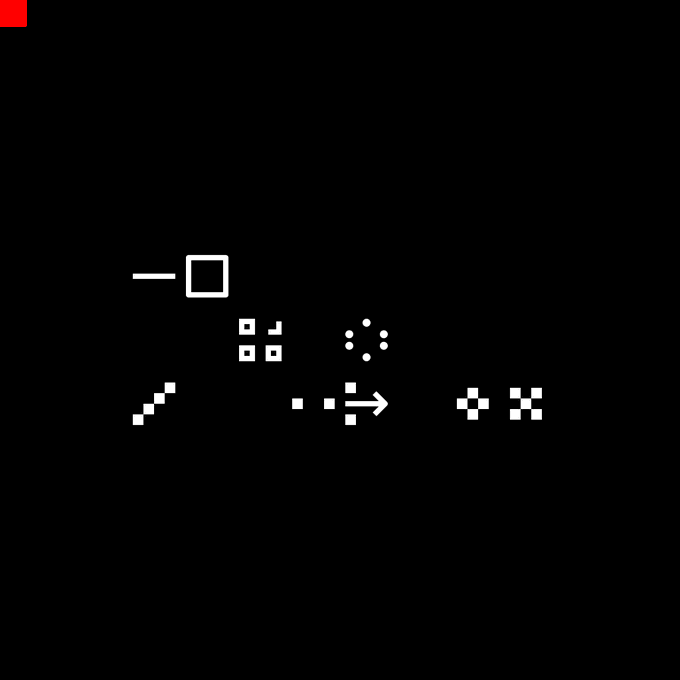 A black screen displays white pixelated icons and symbols, including a dash, square, dots, arrows, and other minimalist pixel art shapes.