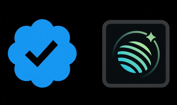 Two app icons are displayed against a black background: a blue scalloped circular icon with a white checkmark (Twitter/X verification badge) on the left, and a black rounded square icon featuring a stylized blue and green planet or ring design on the right.