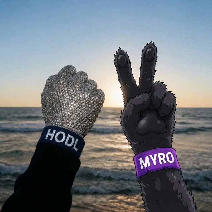Two fists—one clad in a glittering chainmail glove with a "HODL" wristband and the other an animated black furry paw with a purple "MYRO" wristband—are raised in a celebratory double victory pose against a sunset beach backdrop. The matching triumphant gestures reinforce the post's message that both "HODL" and "MYRO" hands will dominate.