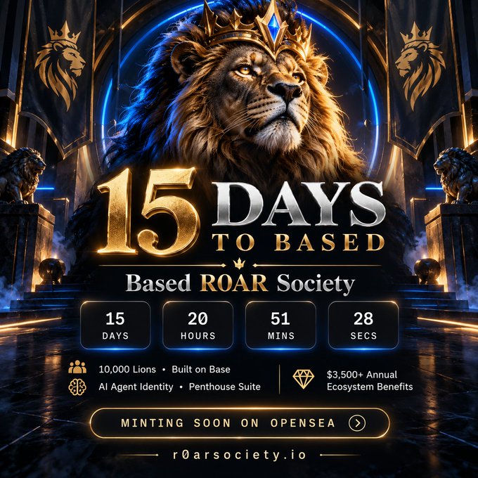 Promotional graphic for 'Based ROAR Society' NFT collection, featuring a crowned lion with a countdown of 15 days, 20 hours, 51 minutes, and 28 seconds until minting on OpenSea at roarsociety.io.