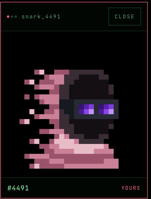 A pixel art NFT of a pink and dark purple figure with purple glasses, labeled 'snark_4491' and '#4491' with a 'YOURS' tag.