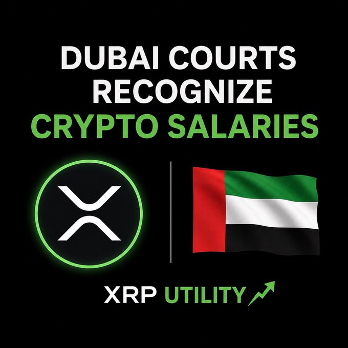 A graphic announcing "DUBAI COURTS RECOGNIZE CRYPTO SALARIES," featuring the XRP logo alongside the UAE flag, with the text "XRP UTILITY" at the bottom—visually reinforcing the post's claim about growing crypto adoption and strengthening XRP's real-world payment use case.
