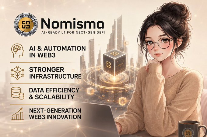 A promotional graphic for 'Nomisma' featuring an anime-style woman with glasses, advertising it as 'AI-Ready L1 for Next-Gen DeFi' with Web3 features.