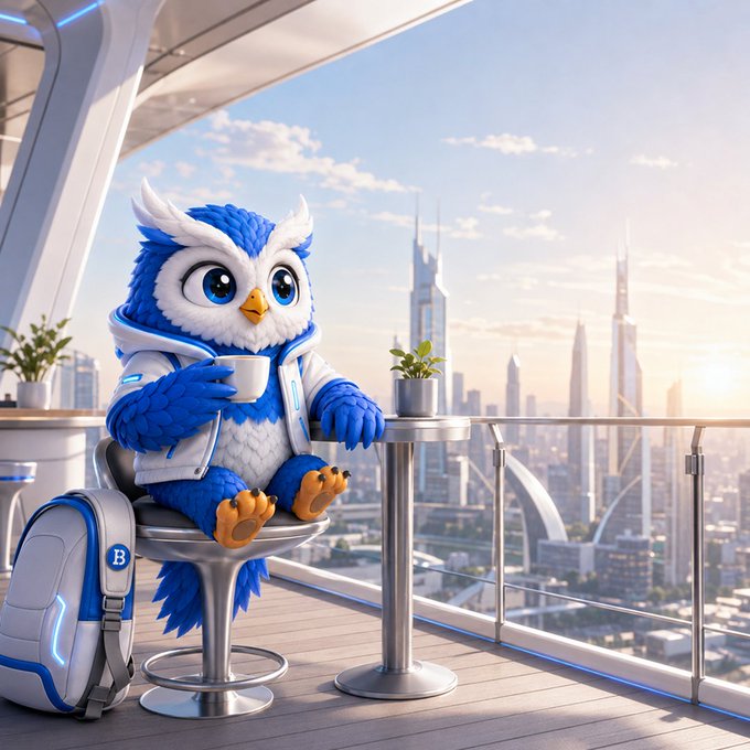 A 3D-rendered blue owl wearing a white jacket sits on a chair on a balcony, drinking from a mug while overlooking a futuristic city skyline.