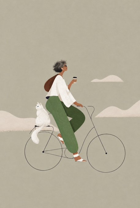 A minimalist illustration depicts a person with gray hair riding a bicycle while holding a coffee cup, with a white cat perched on the back of the bike.