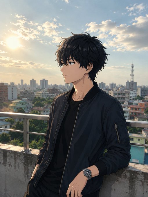 An anime-style illustration of a young man with dark hair wearing a black jacket, standing on a rooftop overlooking a city skyline at sunset.