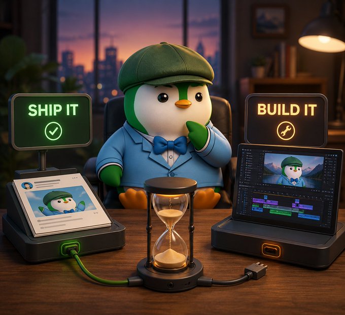 A 3D rendered penguin mascot wearing a green cap and blue bowtie stands behind a desk, flanked by screens displaying 'SHIP IT' and 'BUILD IT,' with an hourglass in the center.