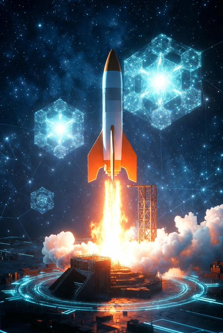 The image features a 3D rendering of a rocket launching into space, with a starry background that gives the impression of a night sky. The rocket has a white body and an orange nose, and there are multiple stars scattered throughout the scene. In the foreground, there is a cityscape with buildings and roads, which adds depth to the image. The caption above the image reads "One of the biggest hurdles for new blockchains has always been achieving meaningful security from the very first block Canopy Network solves this elegantly through its restaking model and NestBFT consensus mechanism".