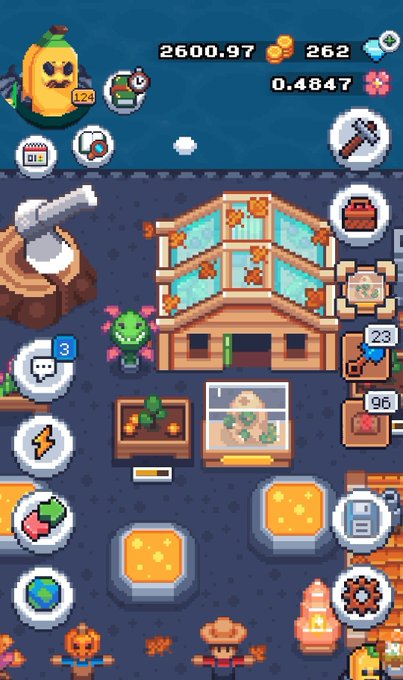 A pixel-art mobile game screenshot showing a character near a damaged building, with various crafting and resource icons, coins (2600.97), gems (262), and flowers (0.4847) at the top.
