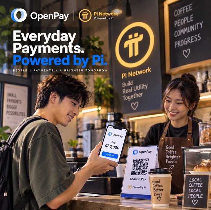 A young man scans an OpenPay QR code at a local coffee shop to pay 55,000 using Pi Network, while a smiling barista assists him, illustrating the post's message of seamless everyday digital payments powered by the Pi ecosystem in real-world settings.