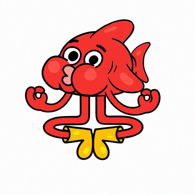 A simple cartoon illustration of a red octopus or squid-like character with large eyes and yellow shoes, set against a white background.