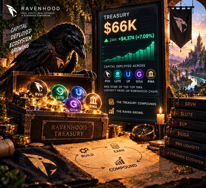 Promotional image for the RAVENHOOD ecosystem displaying a treasury of $66K (+$4,374 / +7.09% in 24H) with capital deployed across RVH, LUTE, UP, GIGA, and RWA tokens.