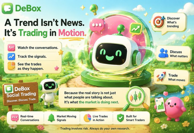 A vibrant promotional graphic for "DeBox Social Trading" features a cute robot mascot inside a glowing bubble alongside the headline "A Trend Isn't News. It's Trading in Motion," highlighting features like watching conversations, tracking signals, and seeing live trades, which visually reinforces the post's message of going "Beyond Headlines" to follow conversations, signals, and trades that move markets.