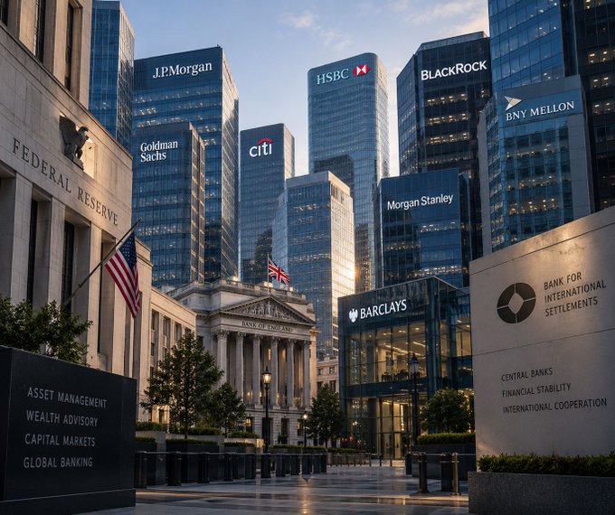 An AI-generated image depicting global financial institutions including J.P. Morgan, HSBC, BlackRock, BNY Mellon, Goldman Sachs, Citi, Morgan Stanley, Barclays, Federal Reserve, Bank of England, and Bank for International Settlements.