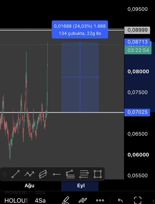A TradingView chart for the $HOLO cryptocurrency displays a 24.03% gain with the trade closed, showing key metrics of 0.01688 profit, a 1.688 multiplier, and a 134-coin position held over 22 days and 8 hours, with price ranging between approximately 0.06000 and 0.09000 on a 4-hour timeframe.