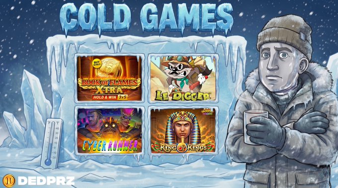 This image depicts "COLD GAMES" as suggested by the accompanying post, featuring slot games like "Book of Flames Xtra," "Le Digger," "Cyber Runner," and "King of Kings," with a frosty character holding a hot drink.