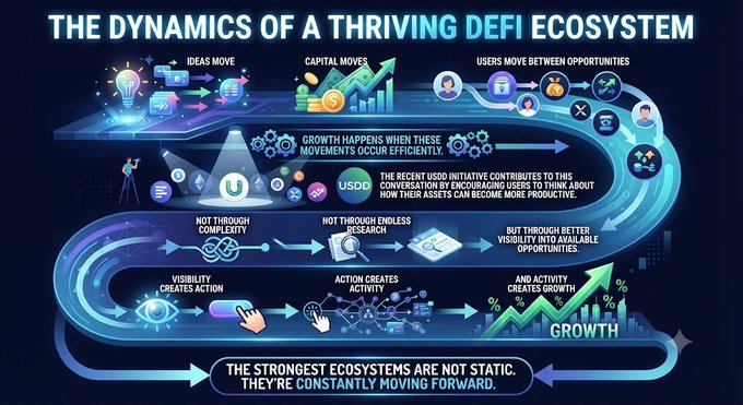 An infographic titled "THE DYNAMICS OF A THRIVING DEFI ECOSYSTEM" illustrates the interconnected flow of ideas, capital, and users in DeFi, emphasizing that growth comes from visibility creating action, which generates activity and ultimately growth—aligning with the post's message that the USDD initiative is designed to enhance liquidity and participation by improving visibility into available opportunities.
