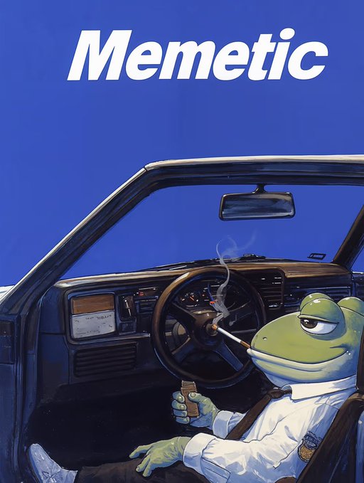 An illustration of the Memetic character Pepe the Frog in business attire smoking a cigarette while driving a car, with the word 'Memetic' displayed at the top.