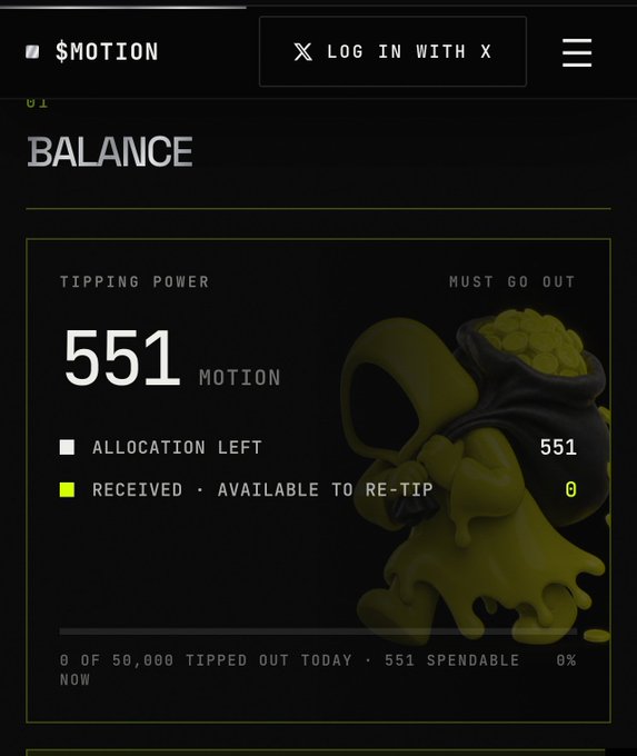 $MOTION crypto balance screen showing 551 MOTON tipping power with 551 allocation left and a 3D hooded character holding a money bag.