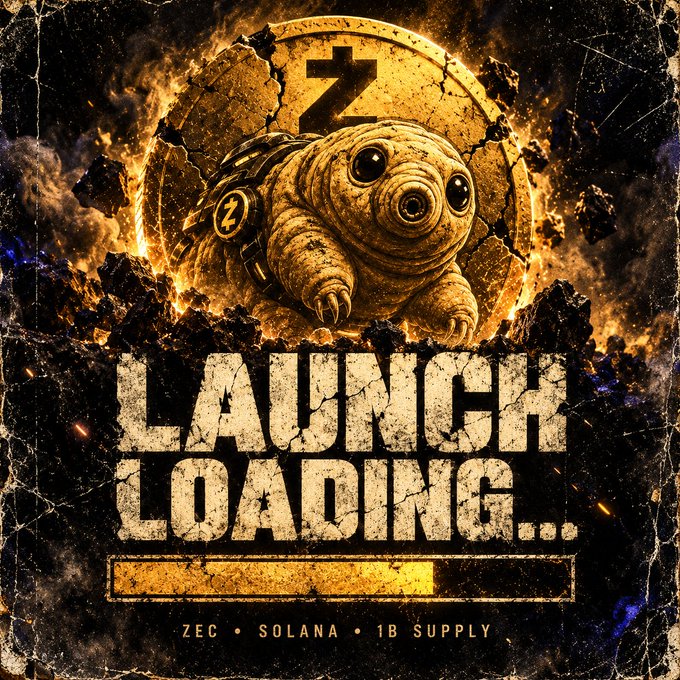 A weathered, apocalyptic-style graphic features a tardigrade emerging from a cracked Zcash (ZEC) coin engulfed in flames, above the bold text "LAUNCH LOADING.." and a loading bar. The footer reads "ZEC • SOLANA • 1B SUPPLY," matching the post's announcement of the RETARDI token launching with ZEC energy on Solana rails.