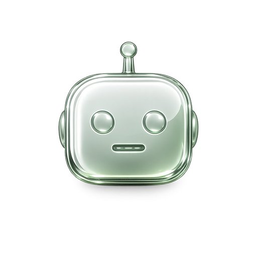 A 3D-rendered robot head with a translucent, glossy green-tinted design featuring two round eyes, a small antenna, and a simple mouth line.