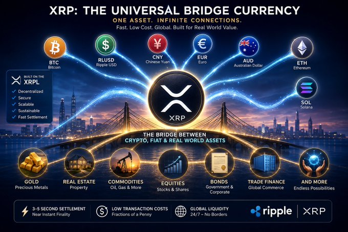 This image is a promotional infographic titled "XRP: The Universal Bridge Currency" that showcases XRP's role connecting cryptocurrencies (BTC, ETH, SOL), fiat currencies (USD, CNY, EUR, AUD), and real-world assets (gold, real estate, commodities, equities, bonds, trade finance), highlighting its 3-5 second settlement, low transaction costs, and 24/7 global liquidity per the XRP Ledger (XRPL). The graphic visually reinforces the post's message that XRP serves as the fastest, cheapest, and most efficient bridge currency across the crypto and traditional finance worlds.