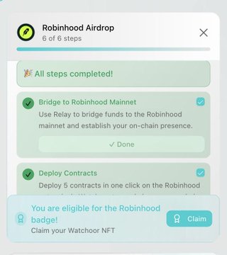 A screenshot of a "Robinhood Airdrop" checklist showing all 6 of 6 steps completed, with completed tasks including "Bridge to Robinhood Mainnet" and "Deploy Contracts," and a final banner indicating eligibility to claim a "Watchoor NFT" badge. The image directly illustrates the airdrop guide's instructions, visually confirming that the user has successfully bridged funds via Relay and deployed the required 5 contracts to qualify for the $5.77B Robinhood mainnet airdrop.