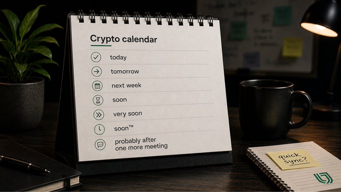 A spiral-bound notebook on a desk displays a humorous "Crypto calendar" checklist with options like "today," "tomorrow," "next week," "soon," "very soon," "soon™," and "probably after one more meeting," poking fun at the notoriously vague and perpetually delayed timelines common in the crypto industry.