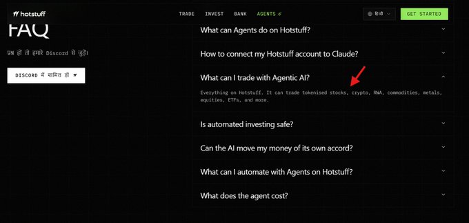 Screenshot of the Hotstuff FAQ page with a red arrow pointing to the answer that Agentic AI can trade tokenised stocks, crypto, FHA, commodities, metals, equities, ETFs, and more.