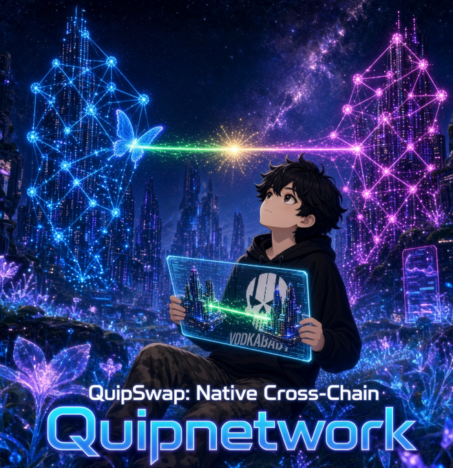 An anime-style illustration for QuipSwap: Native Cross-Chain on the Quipnetwork, showing a boy holding a glowing tablet with a futuristic neon city and butterflies in the background.