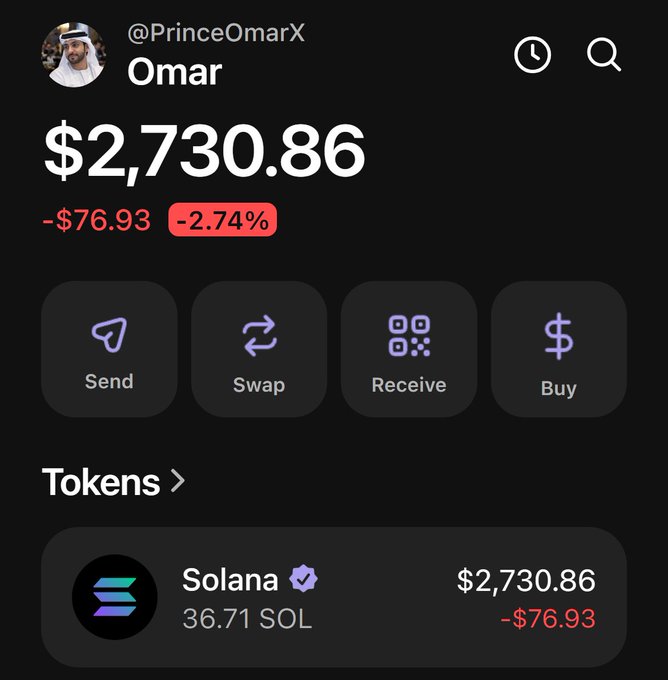 This image shows a cryptocurrency wallet balance of $2,730.86 in Solana (SOL), which relates to the question "what's your solana address?" by displaying the user's holdings.