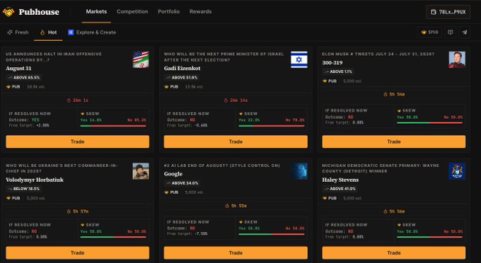 A screenshot of the Pubhouse prediction markets platform showing various political and economic markets including 'US ANNOUNCES HALT IN IRAN OFFENSIVE OPERATIONS BY...', 'WHO WILL BE THE NEXT PRIME MINISTER OF ISRAEL', and 'ELON MUSK X TWEETS JULY 24 - JULY 31, 2025?', each with trading volumes and probability percentages.
