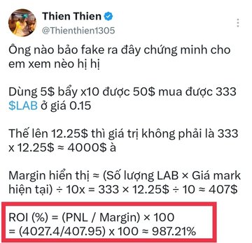 The image shows a screenshot of a social media post with text written in Thai that translates to "ROI = (PNL/MARGIN) x 100" and includes numbers and symbols. The post also contains a red box containing a screenshot of a trade, which is labeled as "ROI".