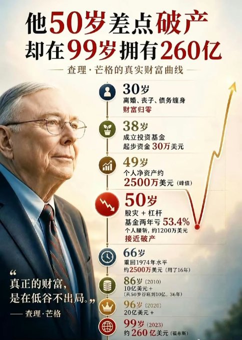 The image is an inspirational Chinese infographic detailing the financial journey of Charlie Munger (查理·芒格), featuring his portrait alongside a timeline of key wealth milestones—from bankruptcy risk at age 50 to amassing approximately $26 billion (260亿美元) by age 99 in 2023. The caption "真正的财富，是在低谷不出局" ("True wealth is not being eliminated at the low points") accompanies the timeline, reinforcing the post's motivational message about perseverance through life's setbacks to achieve ultimate success.