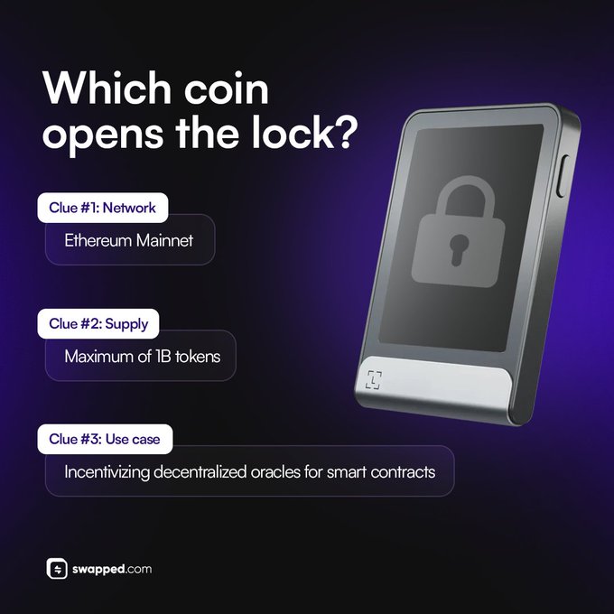 This image presents a puzzle: "Which coin opens the lock?" with clues including "Ethereum Mainnet," a supply of "Maximum of 1B tokens," and a use case of "Incentivizing decentralized oracles for smart contracts." The lock icon on the device suggests the coin is a key to unlocking something related to these features.