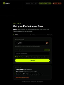 A dark-themed webpage screenshot advertising an 'Early Access Pass' with a green 'Continue' button, a phone number field, and pricing details visible on the interface.