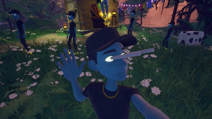 Screenshot from a video game showing a blue-skinned character in a black cap and shirt wearing a gold chain, raising their hand in an outdoor nighttime setting with other characters and string lights in the background.