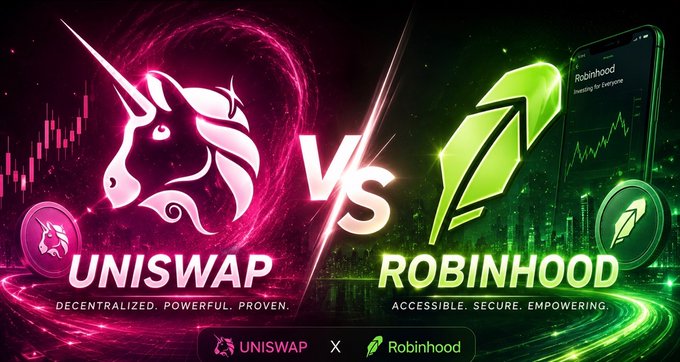 A promotional graphic comparing Uniswap ('Decentralized. Powerful. Proven.') on the left with its unicorn logo against a pink background versus Robinhood ('Accessible. Secure. Empowering.') on the right with its green arrow logo, separated by a 'VS' in the middle.