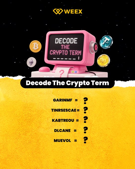 A 'Decode The Crypto Term' graphic from Weex featuring a pink retro computer displaying the prompt, with scrambled crypto terms like "GARINMF", "TINRSESCAE", "KABTREOU", "DLCANE", and "MUEVOL" next to question marks.