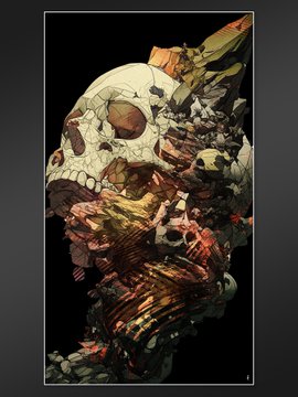 A stylized digital artwork of a skull disintegrating into small fragments and debris against a black background.